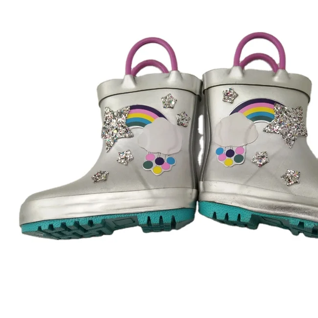 

Wholesale cheap price mid calf height bling sliver rainbow printed childrens rubber rain boots with handles