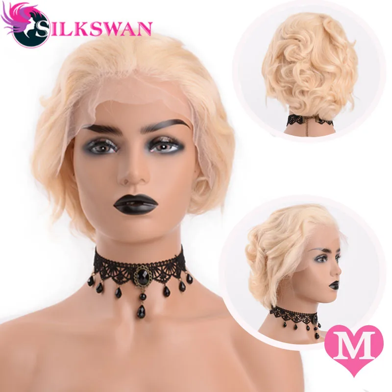Silkswan волосы короткие Pixie срезанные Парики 150 плотность#613 блонд цвет для женщин натуральные 13*4 человеческие волосы парики бразильские волосы remy