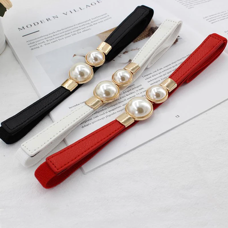 

Buckle Elasticity Belts Beautiful Women Belt Thin Dress Strap Solid Color Simple All-match Simulated Pearl Waist Belts