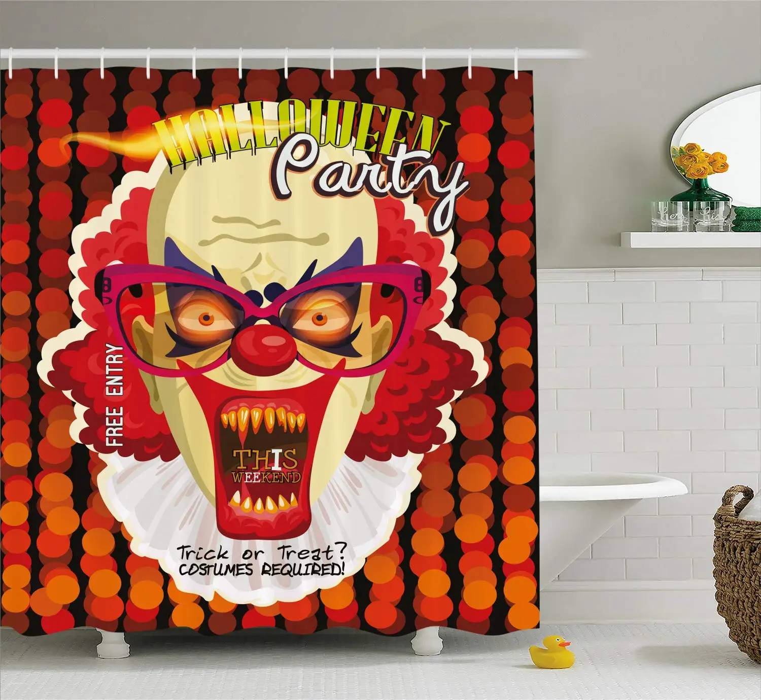 

Shower Curtain,Cloth Fabric,Free Entry, Trick or Treat,This Weekend,Scary Clown For Halloween