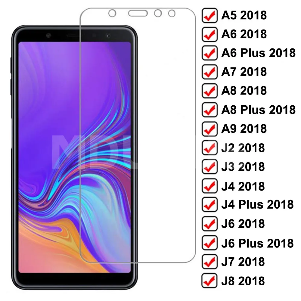 

9H Tempered Glass on the For Samsung Galaxy A5 A7 A9 J2 J3 J7 J8 2018 A6 A8 J4 J6 Plus 2018 Screen Protector Glass Film Case