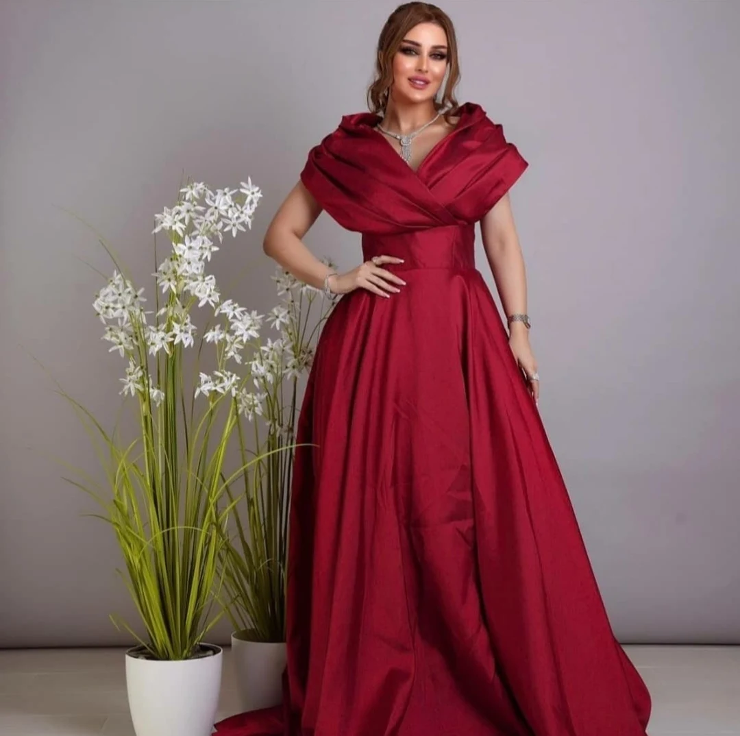 

Elegant Long Burgundy Taffeta Evening Dresses Muslim A-Line Abendkleider Prom Robes de Soirée Dress вечерние платья
