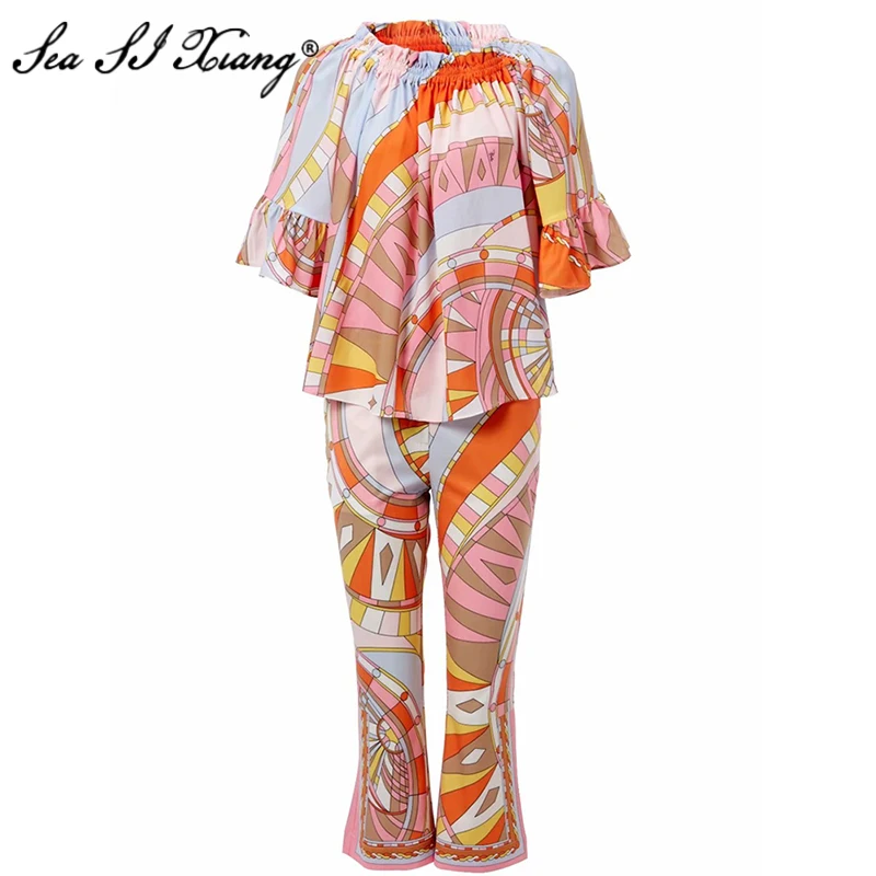 

Seasixiang Spring Runway Set Suits Women's Off The Shouler Fancy Geometry Print Tops With Calf-Length Pants Resort Sets
