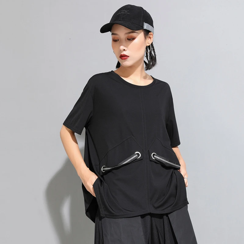 [EAM] New Spring Summer Round Neck Half Sleeve Black Loose Split Joint Big Size T-shirt Women Fashion Tide JW890 JW890