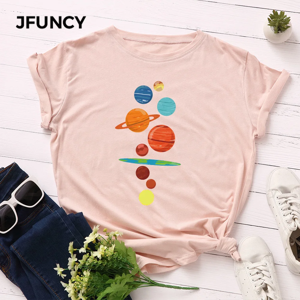 JFUNCY  Women T Shirt New Planet Print T-shirts Female Short Sleeve Cotton Tees Tops Woman Summer Tshirt