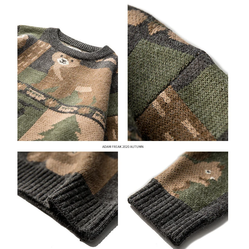 

New Men Jungle Animal Knitted Sweater Sueter Masculino Couple Harajuku Vintage Casual Knitwear Pullover Fashion Tops Autumn