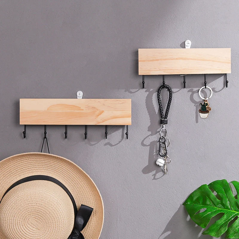 

Simple Coat Hook Rack Wall Mounted Multifunctional Storage Stand Wooden Metal Hooks for Kitchen Bathroom Bedroom HFD889