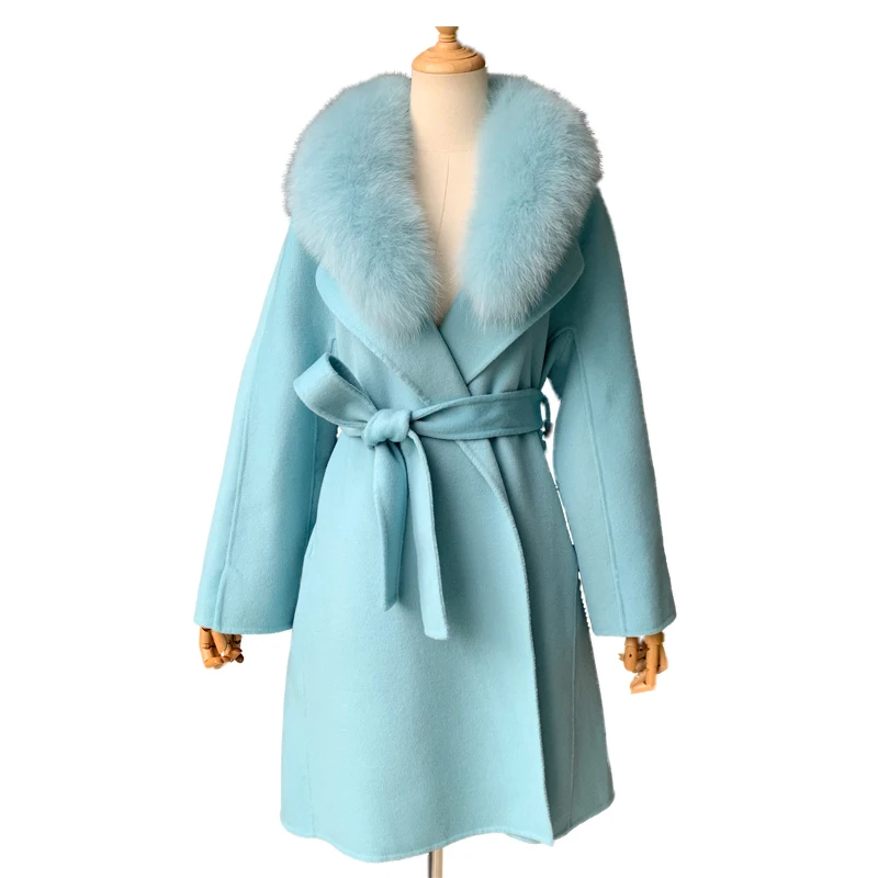 

Women Winter Cashmere Coat with Real Fox Fur Collar Wool Jacket with Belt Women 2018 Fashion Cashmere Jacket Woolen Coat Female