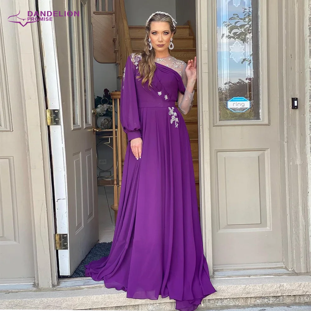 

Arabic Purple Long Sleeve Evening Dress 2021 for Women Luxury Beaded Dubai Muslim Formal Dresses Wedding Party Gown A-line