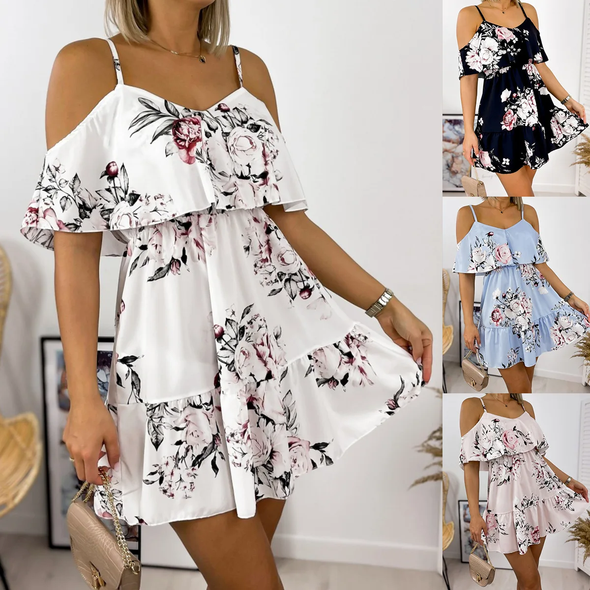 

Vestido ladies together summer casual short floral print ladies thin shoulder strap sexy mini off-the-shoulder dress 2021