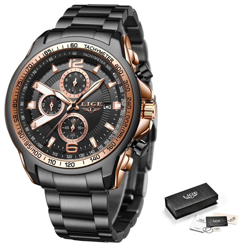

LIGE Watch For Men Top Brand Luxury Stainless Steel Men Chronograph Sports Military Waterproof Quartz Watches Fashion Date Clock