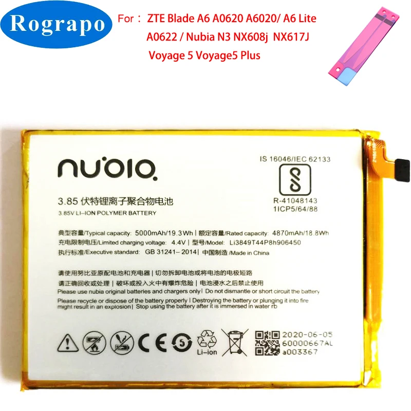 

New 5000mAh Li3849T44P8h906450 Original Battery For ZTE Blade A6 Lite A0620 A6020 A0622 Nubia N3 NX608J NX617J / Voyage 5 Plus