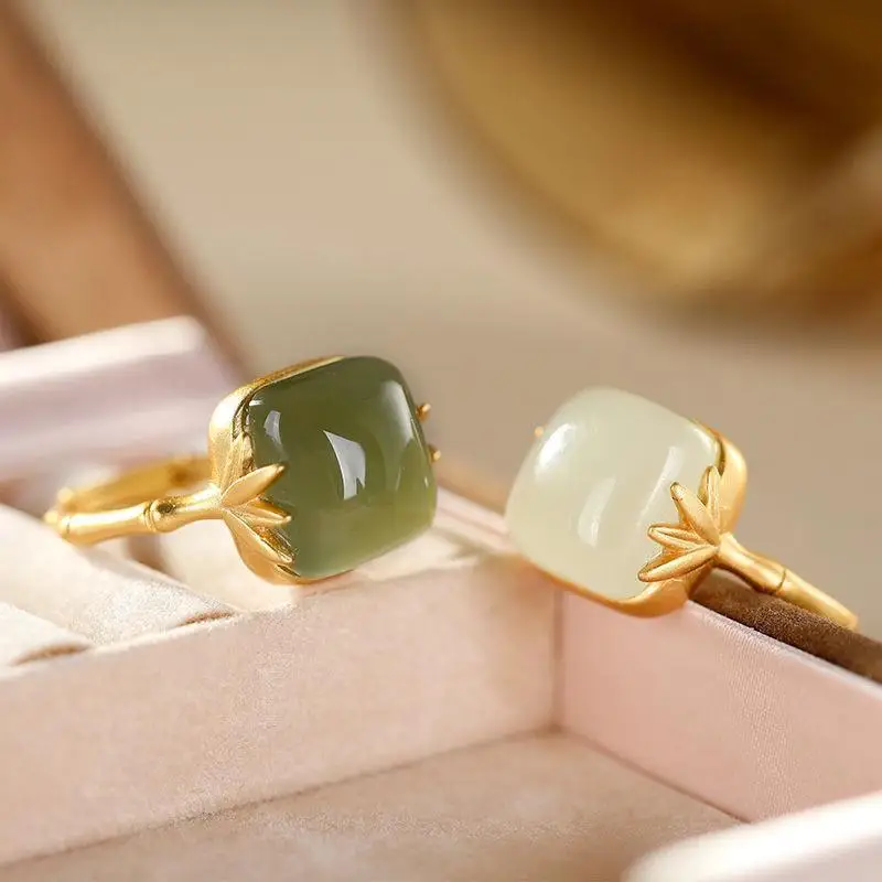 

Hetian Gray Jade Index Finger Ring Bamboo Ring Square Elegant Sterling Silver Gold Plated Adjustable Ring Court Vintage Jewelry