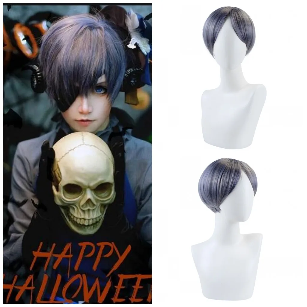 

JOY&BEAUTY Anime Black Butler Kuroshitsuji Ciel Phantomhive Wigs Grey Blue Heat Resistant Synthetic Hair Cosplay Wig