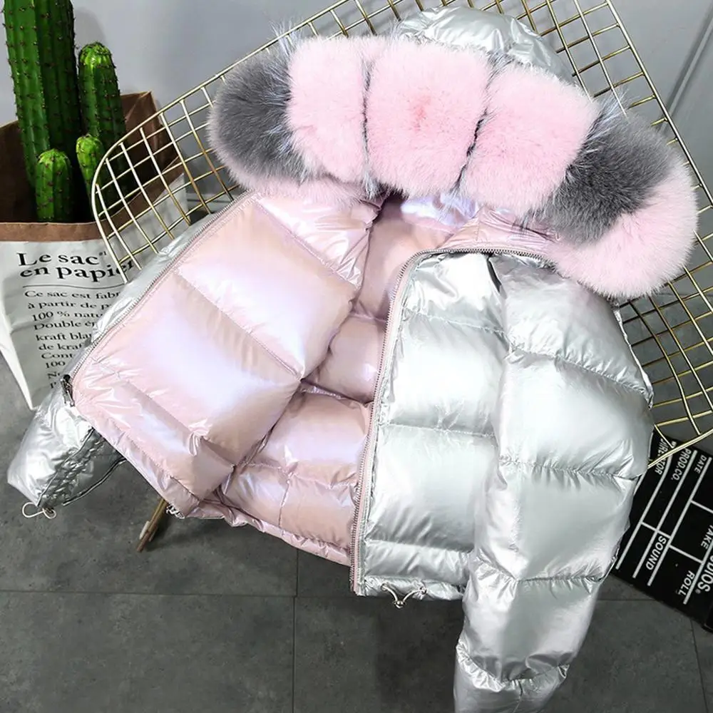 Пуховик с лисьим мехом женская зимняя куртка большим меховым воротником