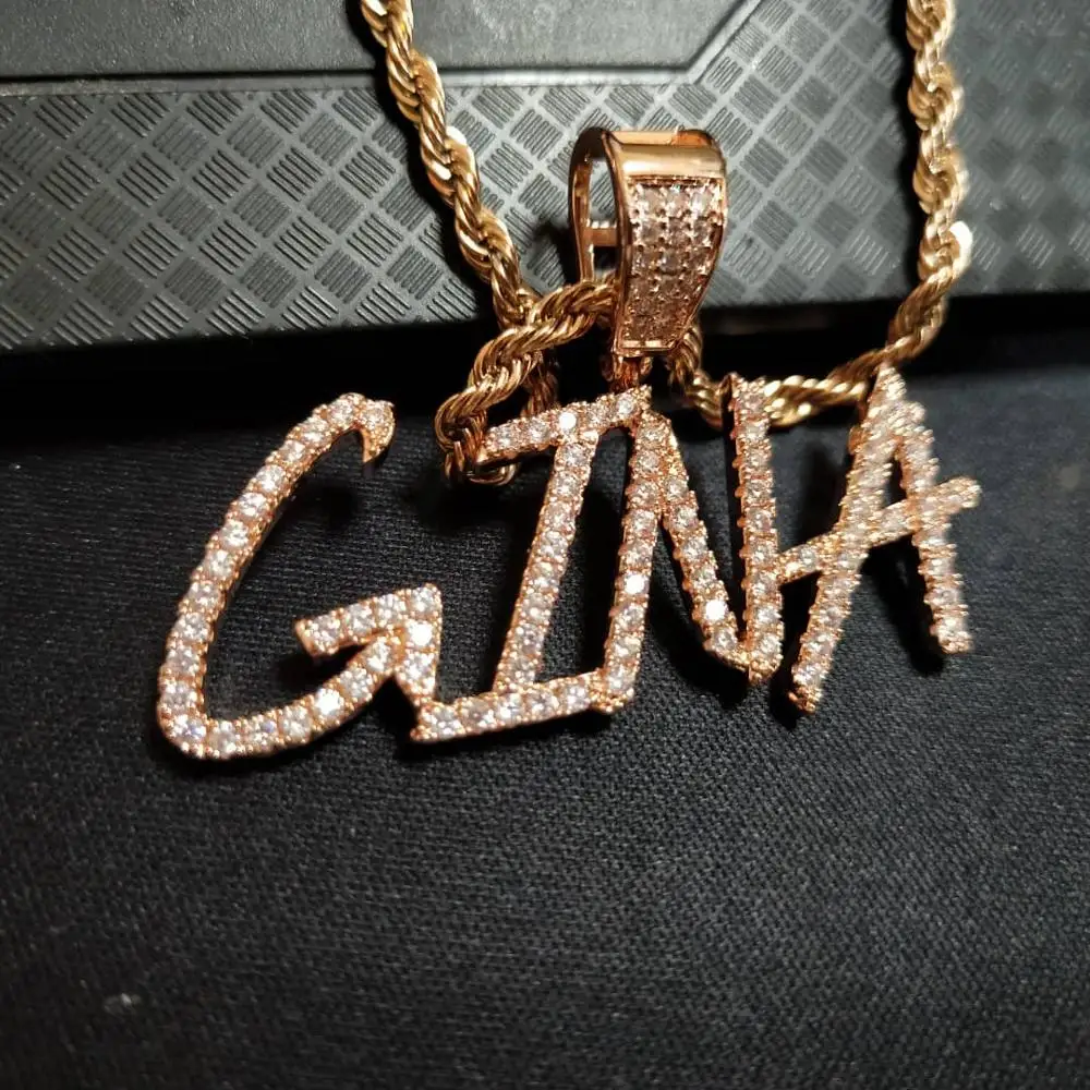 DOREMI New Hiphop Custom Name Cursive Writing Initial Letters Pendant Necklace Words Full Iced Cubic Zirconia Jewelry Chain