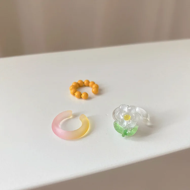 

3pcs/Set Colorful Resin Ear Cuff Women Charming Beaded Ear Clip Transparent Flower Earcuff Without Piercing Earrings Jewelry