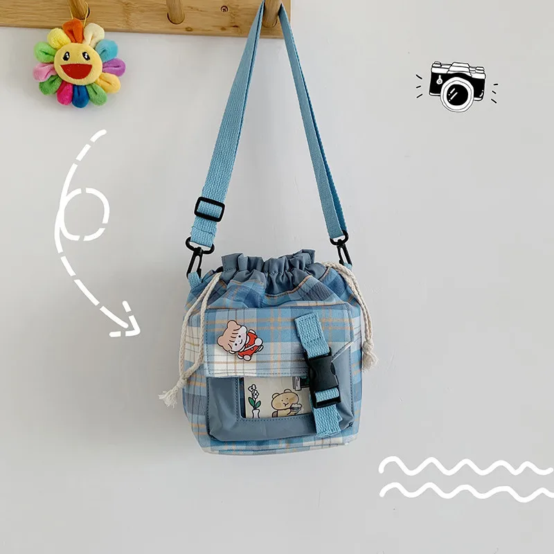2021 New Children's Bag Japanese Cute Cartoon Lattice Shoulder Bag College Style Canvas Messenger Bag