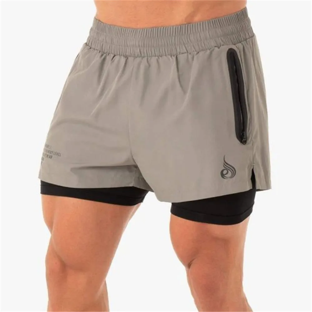 

2020 Summer Fashion Fitness Double Shorts Men Quick Dry Breathable Stretch Training Pants Outdoor Zipper Pockets Running Shorts