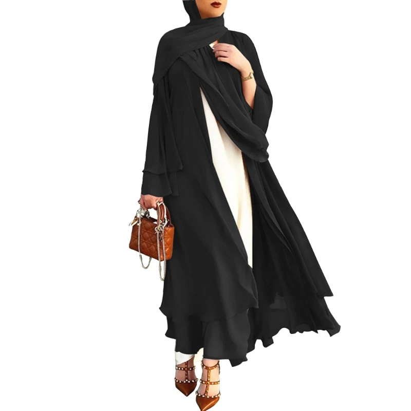 

Muslim Long Sleeve Flowy Maxi Cardigan Islamic Open Front Kimono Belt Abaya Robe XX9D