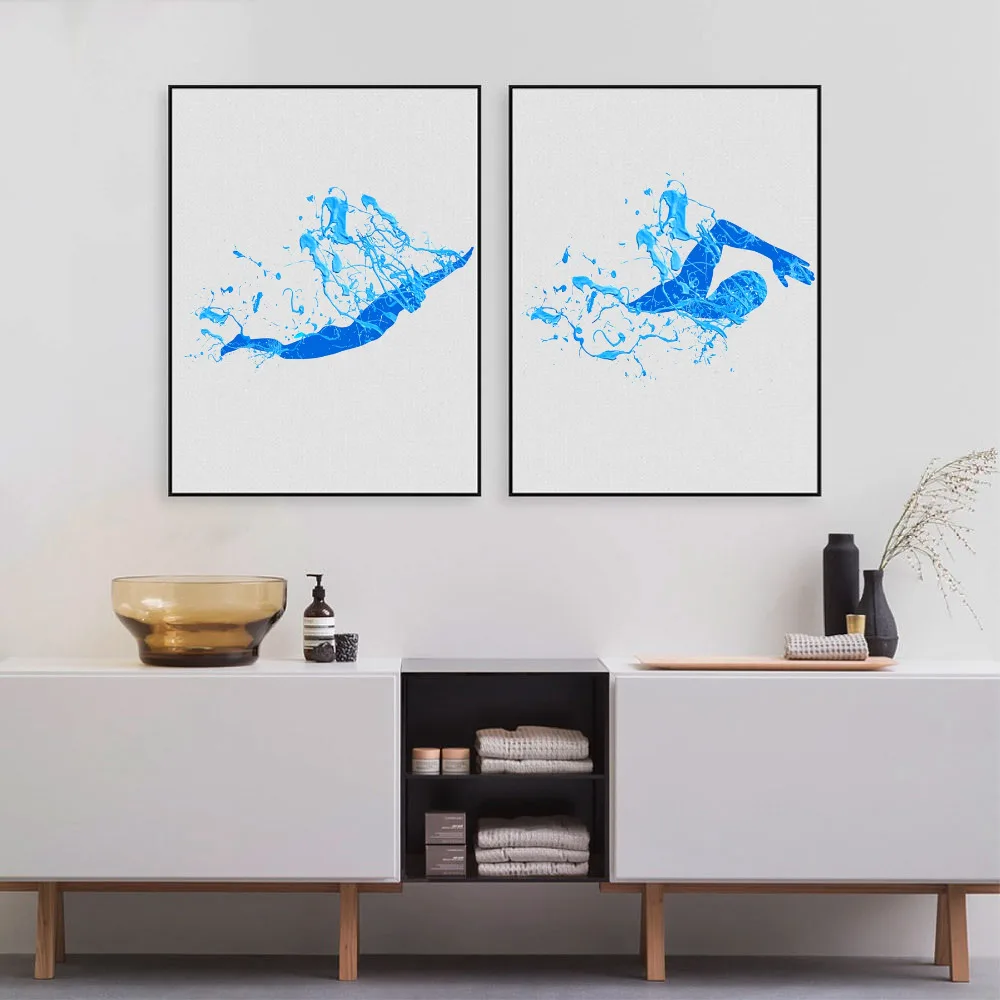 Абстрактная голубая плавающая атлетика брызги воды печать на холсте летний день