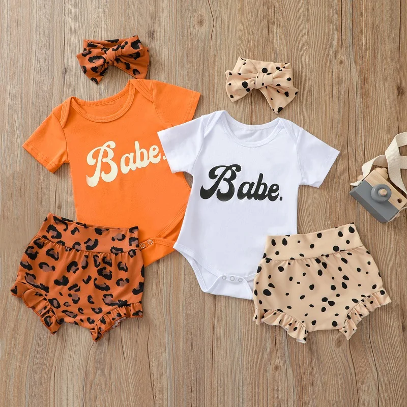 

0-24M Newborn Baby Boy Girl Short Sleeve Cotton Bodysuit Tops Leopard Bloomers Shorts Headband 3PCS Baby Clothing Set