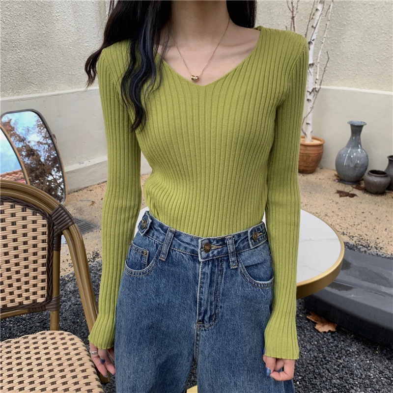 Женский трикотажный свитер с V-образным вырезом Зимний пуловер