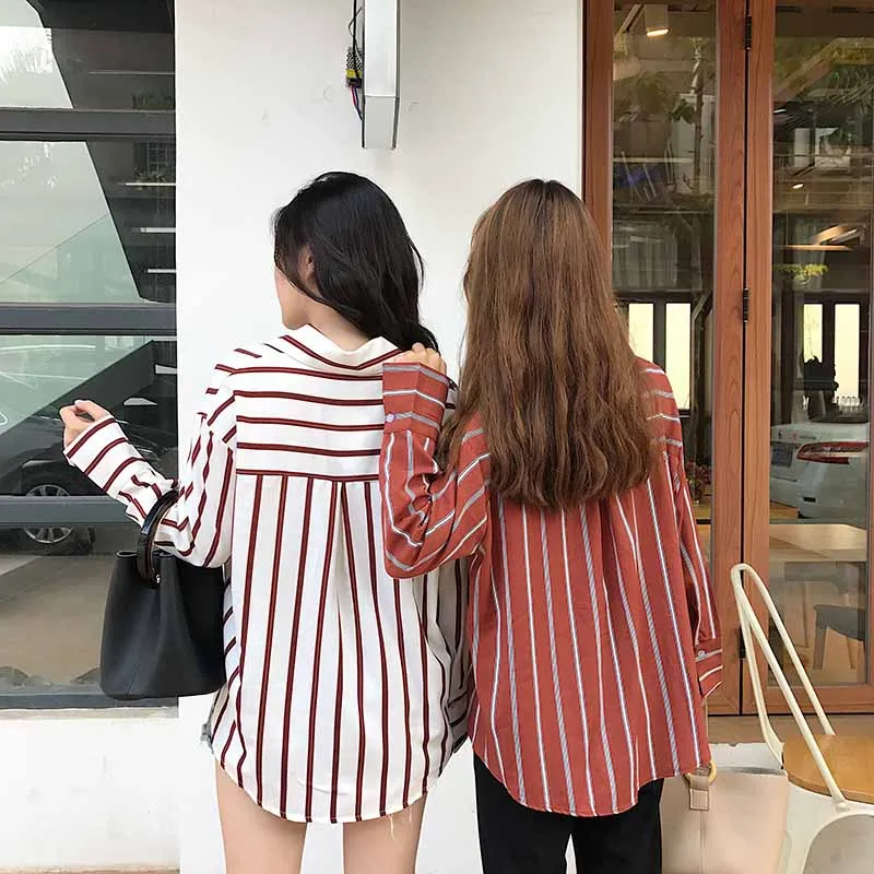 Женские рубашки в полоску свободные универсальные с отложным воротником Harajuku BF