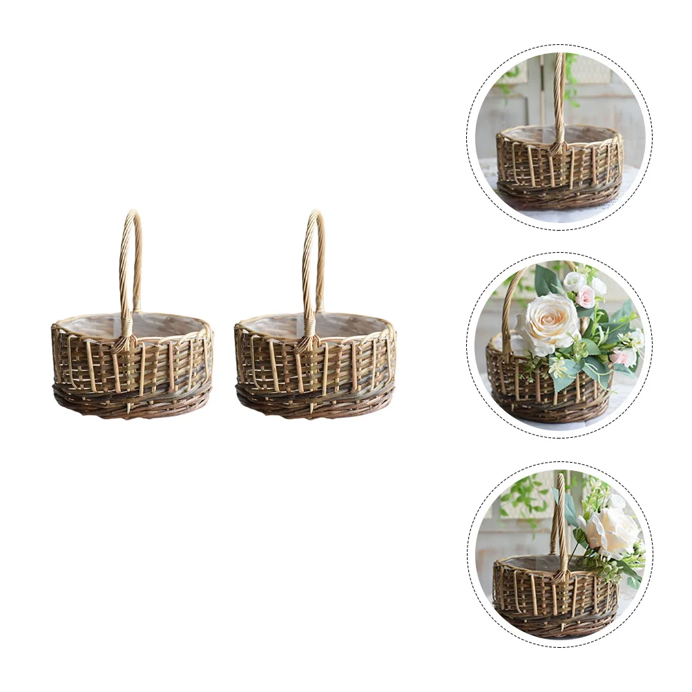 

2pcs Flower Basket Rustic Decorative Rattan Woven Basket with Handle