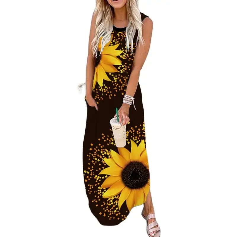 

Women Maxi Dress Summer Sleeveless Ladies Clothing Print Long Dress Loose Streetwear Robe Vintage O-Neck Tank Dresses Vestidos