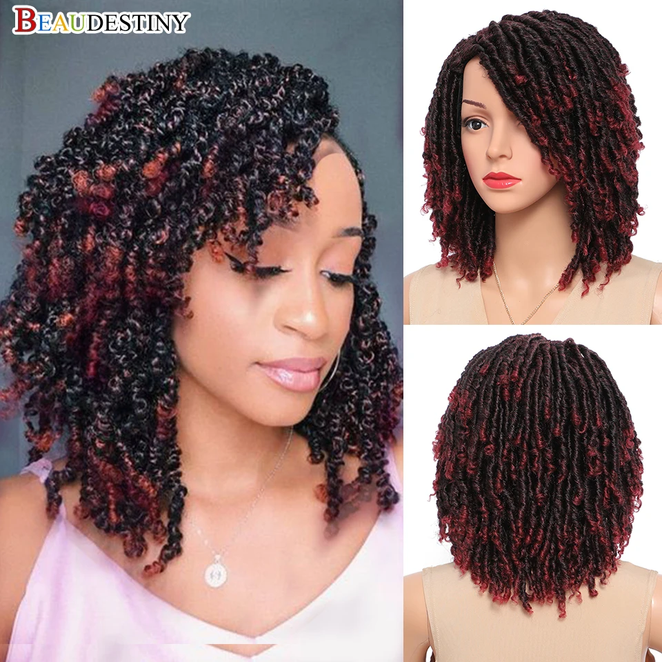 Beaudestiny Dreadlock Wig Synthetic Braiding Wig Africa Braided Wigs For Women 99J Red Hair Short Crochet Braid Faux Locs Hair