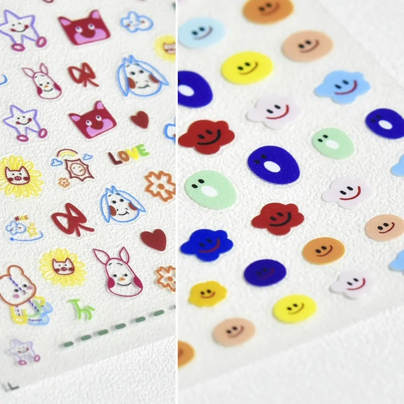 

2021 New Craft Three-dimensional Nail Art Stickers Flower Smiling Face Colored Flower Cute Rabbit Relief 5D Smile Nail Sticker