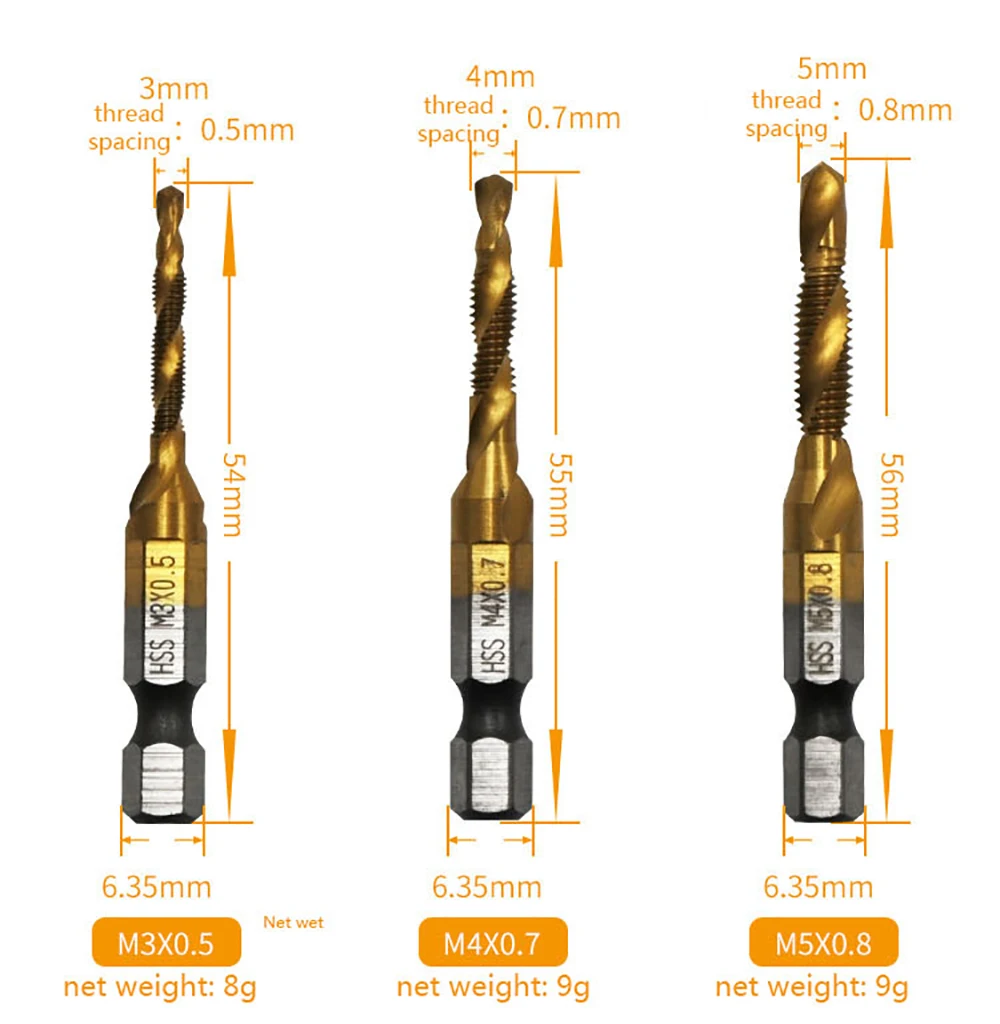1/6pcs Titanium Plated Hex Shank HSS Screw Thread Metric Tap Drill Bits Machine Compound M3 M4 M5 M6 M8 M10 Hand Tools | Инструменты