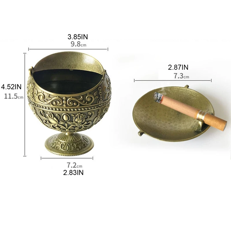 

European Style Carving Zinc Alloy Spherical Globe Ashtray Creative Vintage Indoor Decoration Ashtray with Lid for Home Living