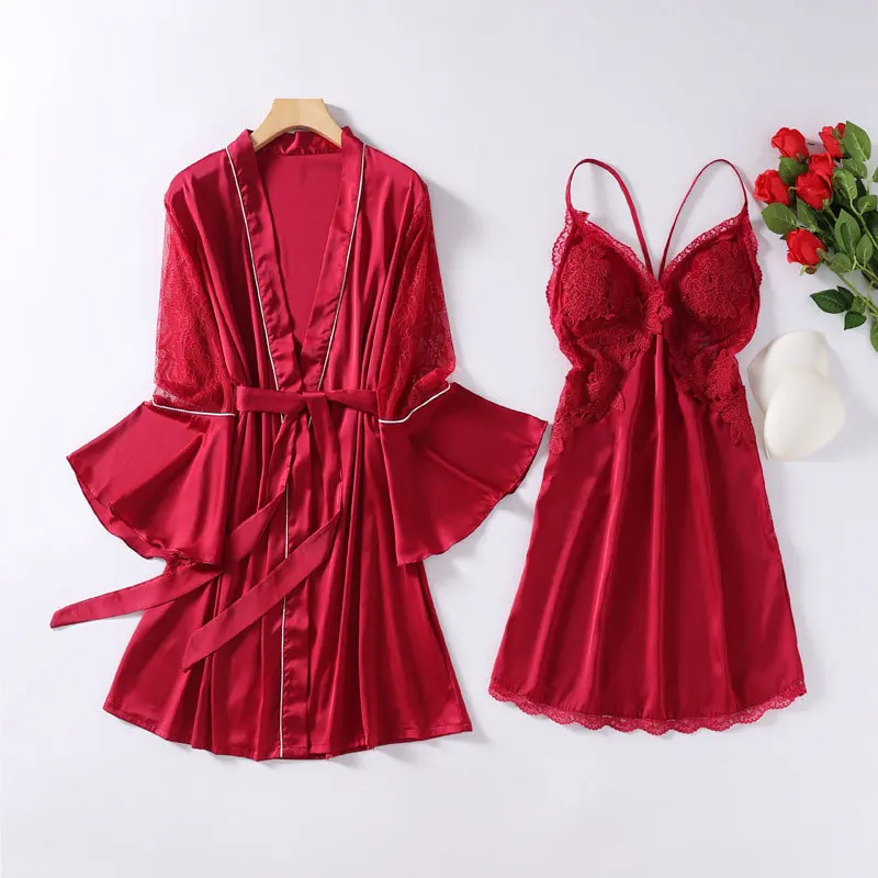 

Pink Perspective Nighty&Robe Set Sexy Lace Kimono Gown Women Satin Sleep Set Femme Nightgown Summer Silky 2PCS Sleepwear