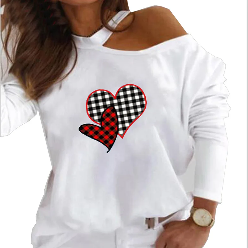 

Sexy One Shoulder Heart Printed T-shirts for Women Spring Autumn New Casual Long Sleeve White Tees Plus Size Tops Female Blusas