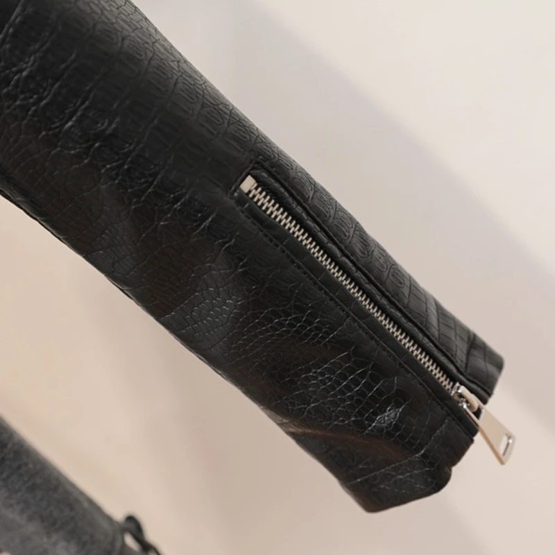 

Black Women Lapel PU Leather Jacket Spring Autumn Short Motorcycle Faux Leather Jackets Lower Edge Detachable Women Coat