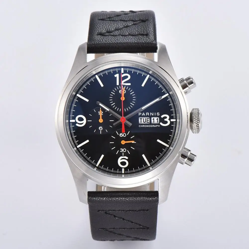 

PARNIS 42mm Date Luminous Quartz men's Watch Stainless silvery case Black Dial black Leather strap Full Chronograph men watches