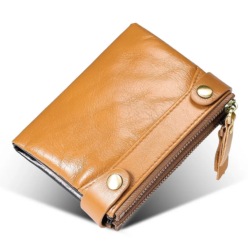 

2021 New Rfid Oil Wax Leather Wallet Multi-function Men's Leather Double Buckle Zipper Wallet Casual Retro Zero Wallet 45