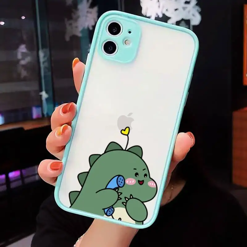 

Cute Cartoon Animal Dinosaur Couple Phone Case For iPhone 12 11 Mini Pro XR XS Max 7 8 Plus X Matte transparent blue Back Cover