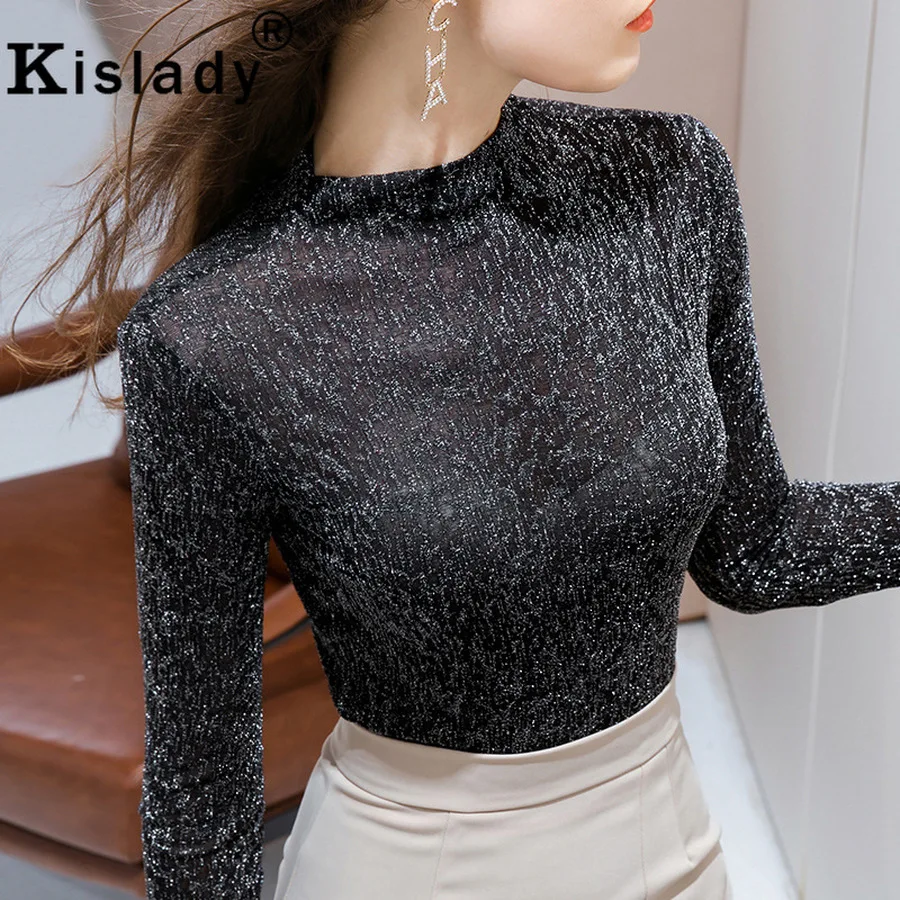Kislady Long Sleeve Turtleneck Gothic Shining Women Shirt Sexy OL Patchwork Vintage Solid Korean Plus Size Tops Clothes | Женская одежда