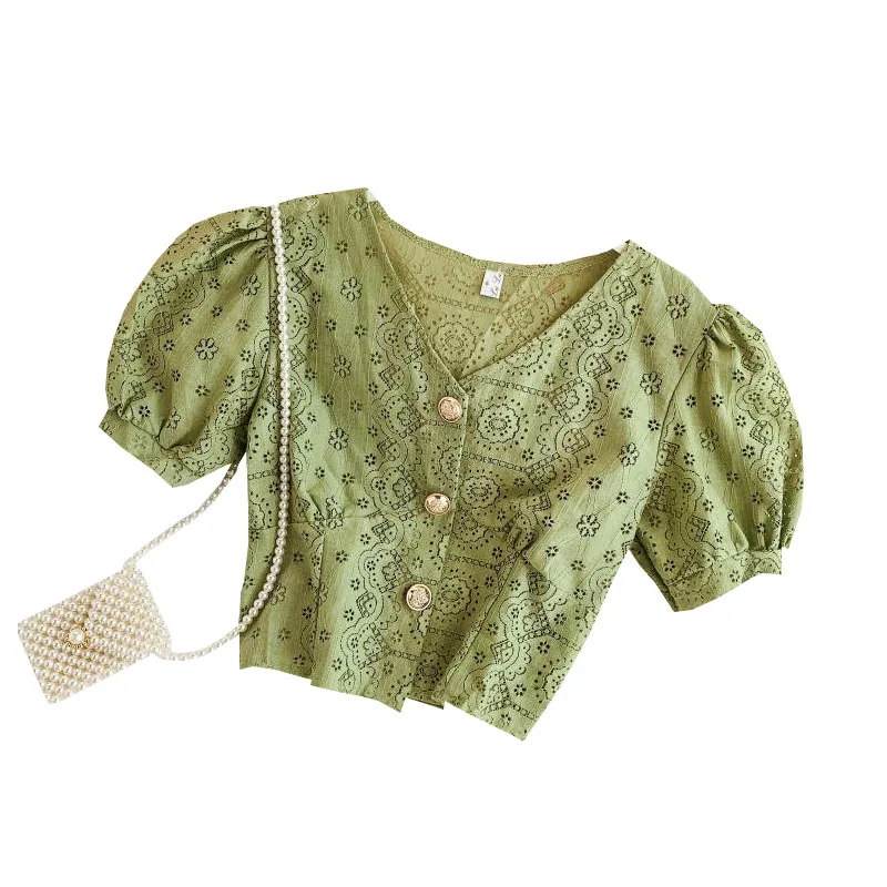 Women Sexy Hollow Out Crop Tops New 2020 Summer Sweet Puff Sleeve V Neck Short Blouse Ladies Lace Gold Button White Shirts | Женская