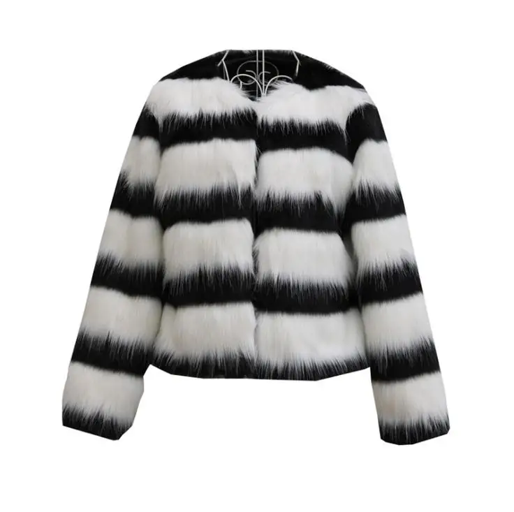 S/9Xl Women Warm Black White Striped Casual Short Section Large Size Fashion Mujer Chaqueta Female Fake Fur Outwears J3250