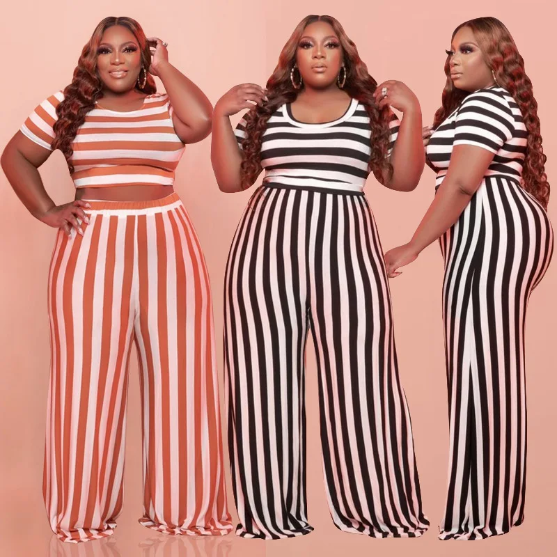 

Tossy Slim Two Piece Sets Outfits Short Sleeve Top Wide Leg Trousers 2021 Summer Casual Street Wear Plus Size Striped Clubwear