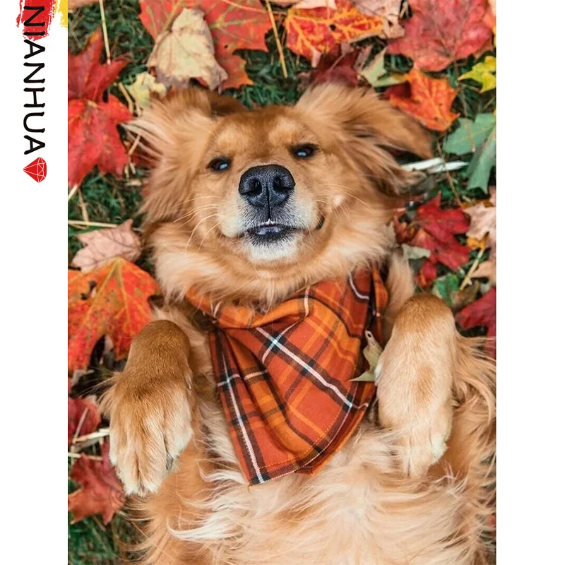 

Cartoon Diamond Mosaic Painting Animal Golden Retriever Dog Autumn Leaves 5D DIY Mural Art Square Round Photo Embroidery Set