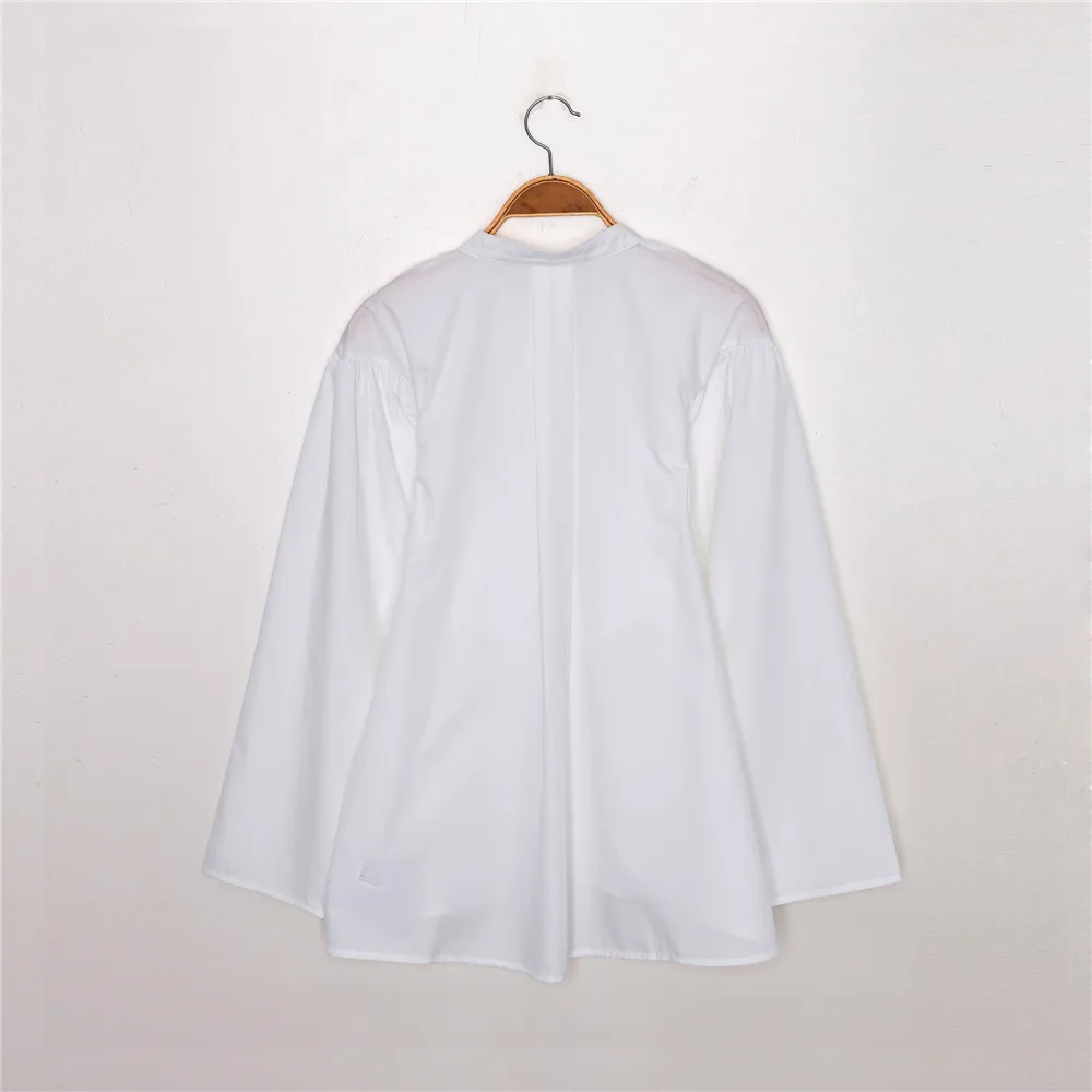 

2021 Women Shirt Fall/Winter Women's Loose Pleated Puff Sleeve Long Sleeve Shirt Stitching Sleeve Button Shirt Round Neck
