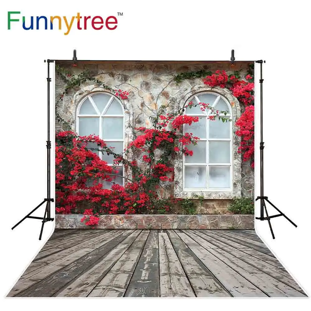 

Funnytree photography backdrop red flower wood window spring garden background photo studio photocall photophone photozone decor