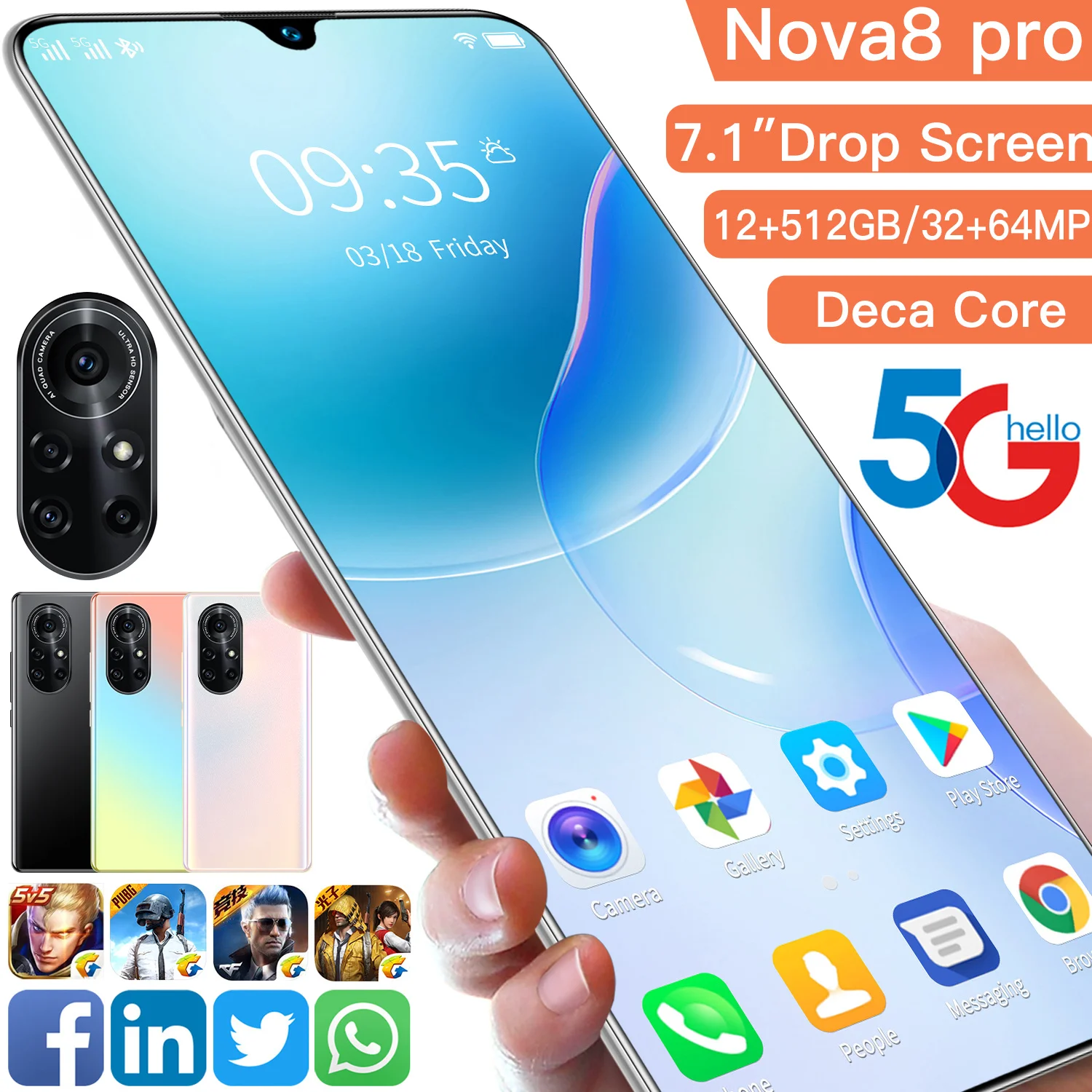 

2021 Nova8 Pro 7.1 Inch Smartphone Global Version 12+512GB 32+64MP 6800mAh Full Screen Face Fingerprint Unlock 5G Mobilephone