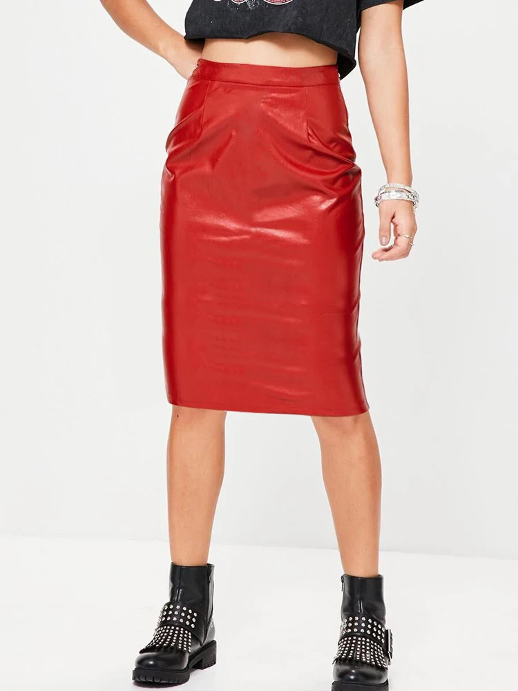 Модная женская одежда 2020 красные юбки из искусственной кожи с высокой талией