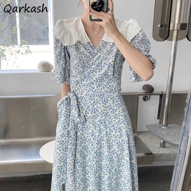 

Платье женское летнее с цветочным принтом, простой Универсальный милый сарафан с круглым воротником и расклешенными рукавами для отдыха, у...